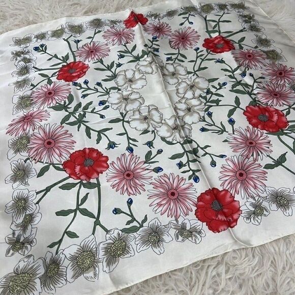 Bohemian Floral White Silk Like Satin large Square Scarf Women Shawl Head wrap - Picture 5 of 10